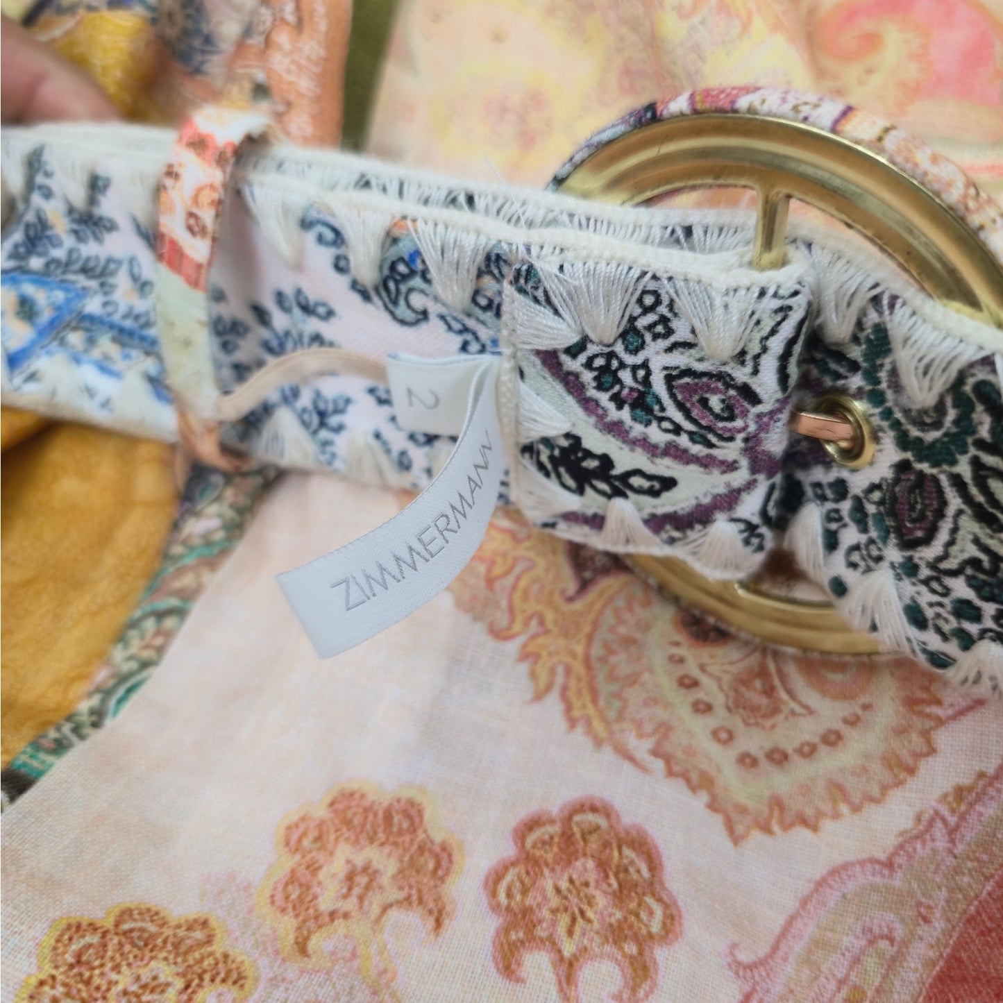 ZIMMERMANN Multi-Color Linen Anneke Ruffle Hem Patchwork Mini Dress Sz 2