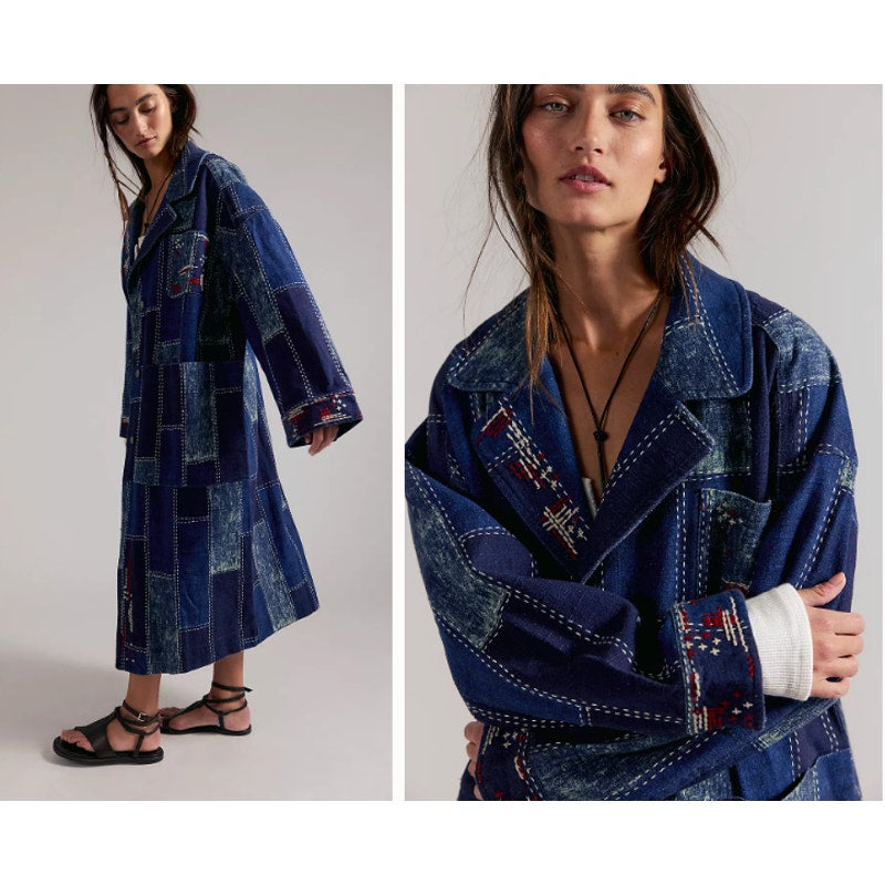Free People We The Free Open Studio Duster Indigo Patchwork Denim Coat XS/S NWT