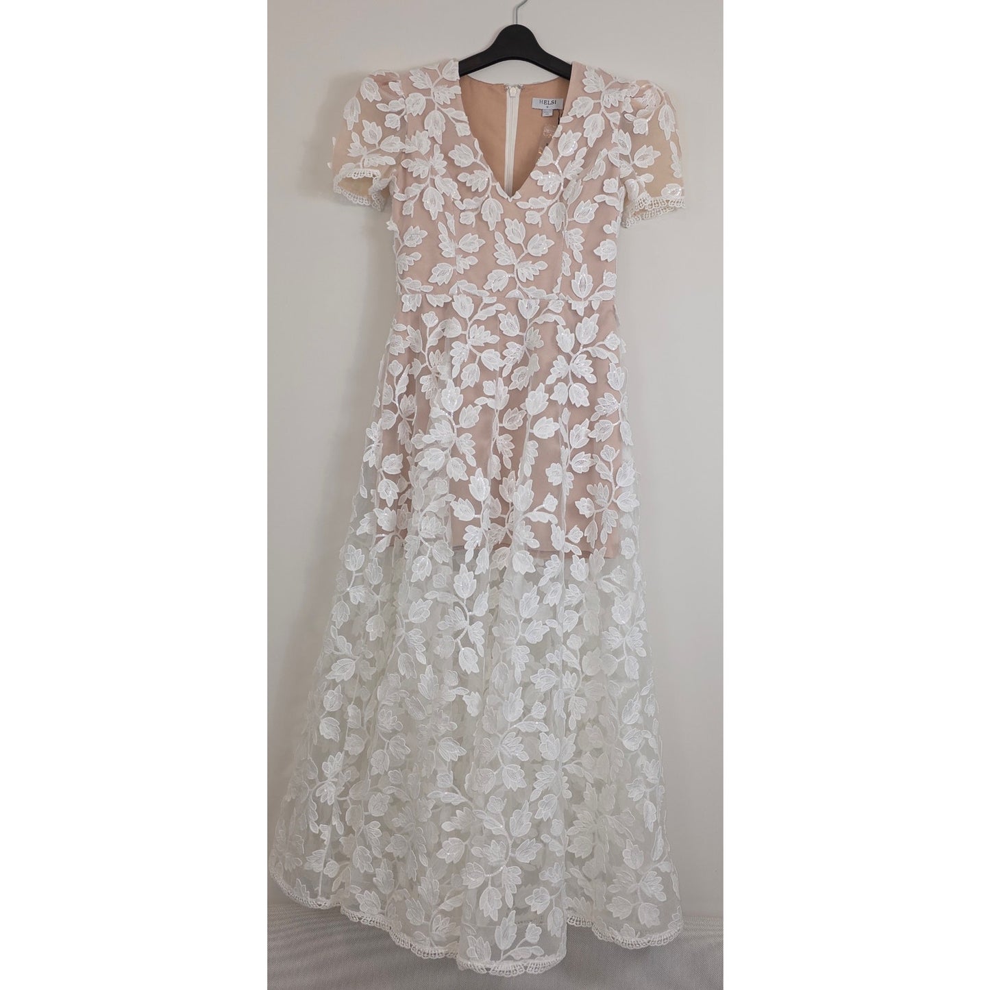 Helsi Clara Puff-Sleeve Sheer Floral Appliqué Maxi Dress Sz Medium NWT