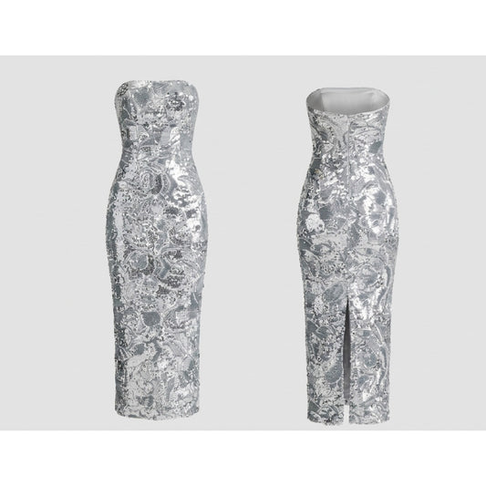HELSI Platinum Strapless Sequin Midi Gown Dress Size Large NWT