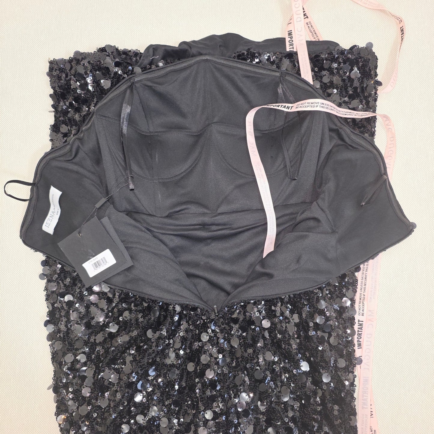 Ieena Mac Duggal Black Strapless Sequin Evening Gown With Bow Sz 6 NWT