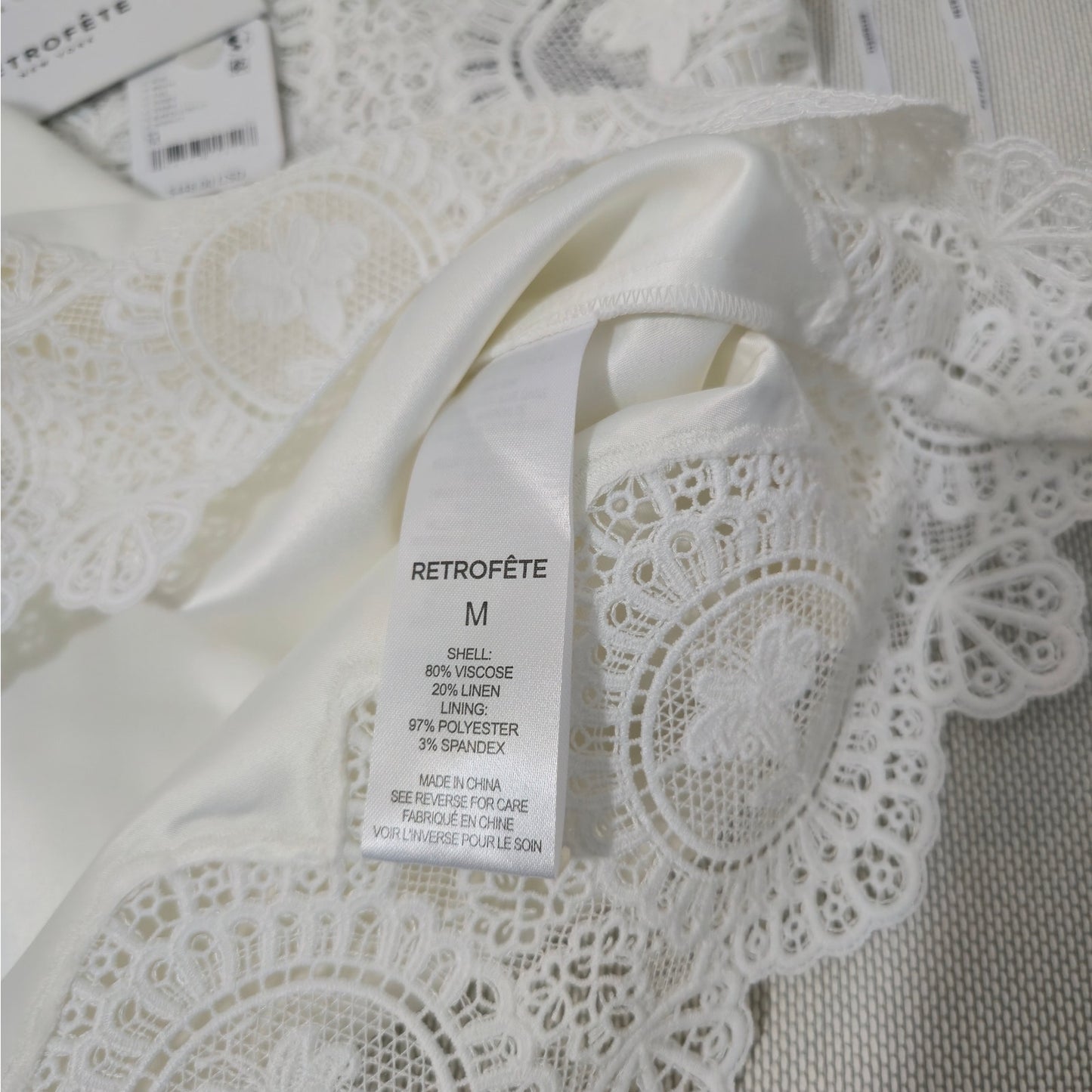 Retrofête Ivory Karlie Open Lace Paneling and scalloped Hem Mini Dress Sz Medium