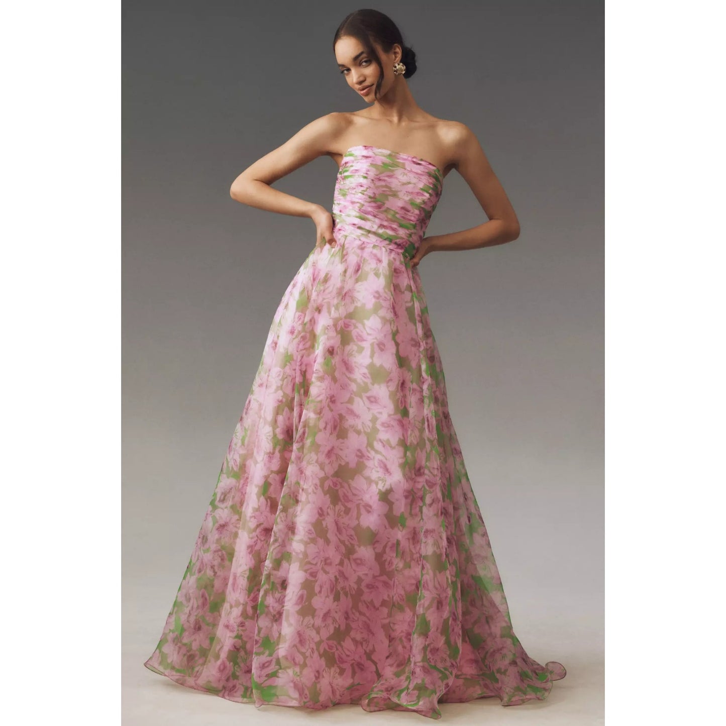 Anthropologie Mac Duggal Multi Pink Strapless Chiffon Maxi Dress Sz 8