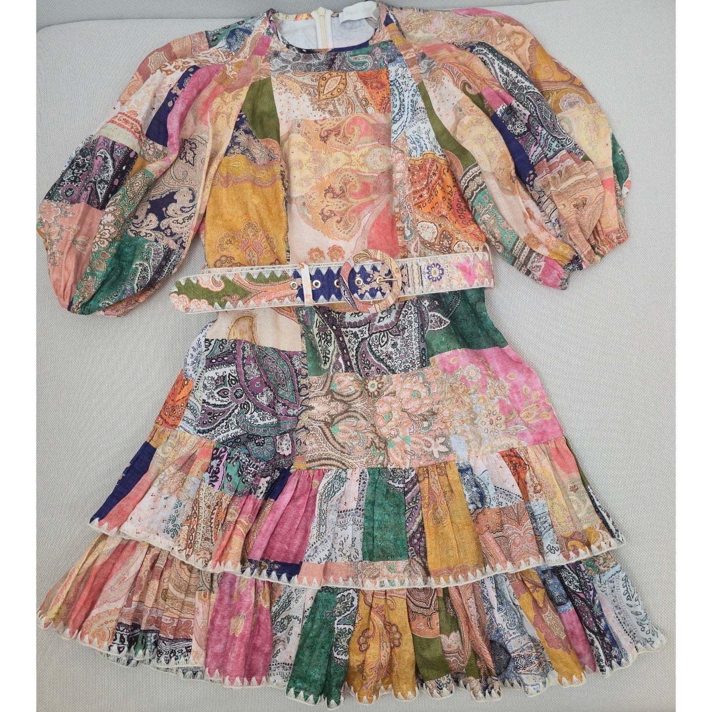 ZIMMERMANN Multi-Color Linen Anneke Ruffle Hem Patchwork Mini Dress Sz 2