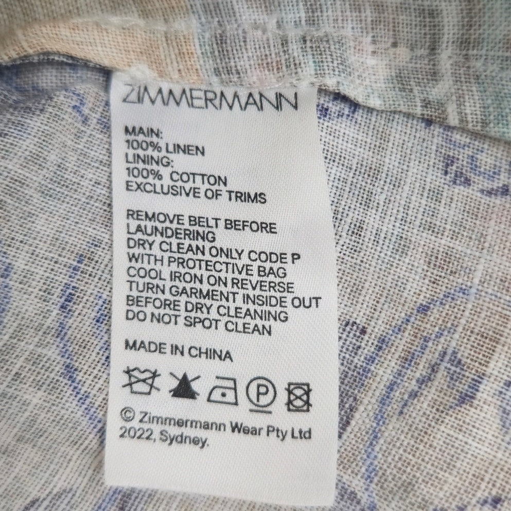 ZIMMERMANN Multi-Color Linen Anneke Ruffle Hem Patchwork Mini Dress Sz 2