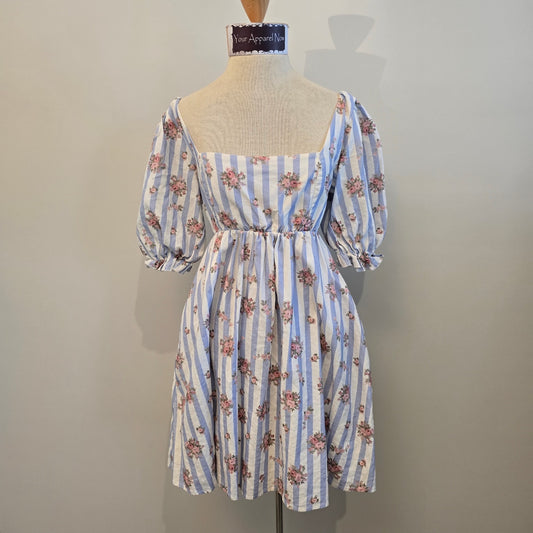 Show Me Your Mumu Addie White Blue Stripes Floral Short Sleeve Mini Dress Sz M