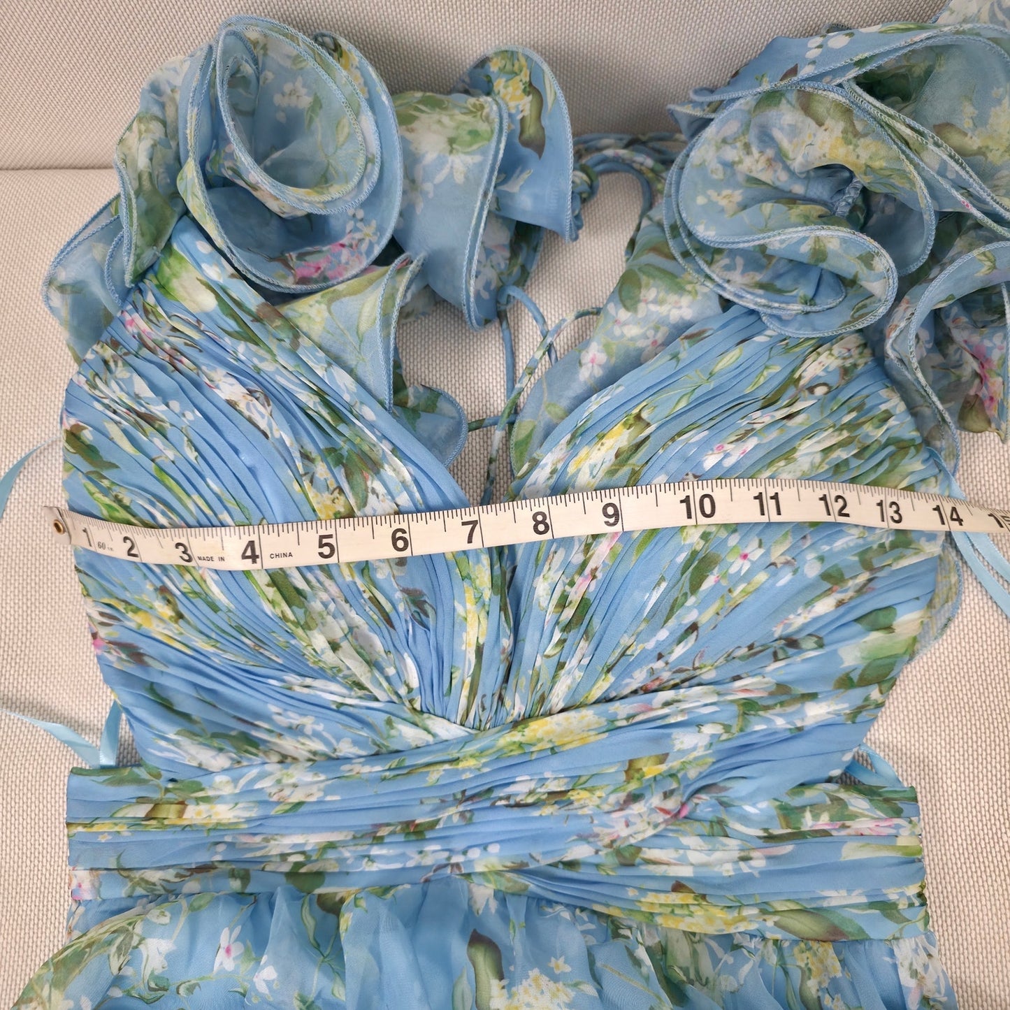 Mac Duggal Blue Ruffle Tiered Floral Cut-Out Chiffon Gown Sz 2 NWT