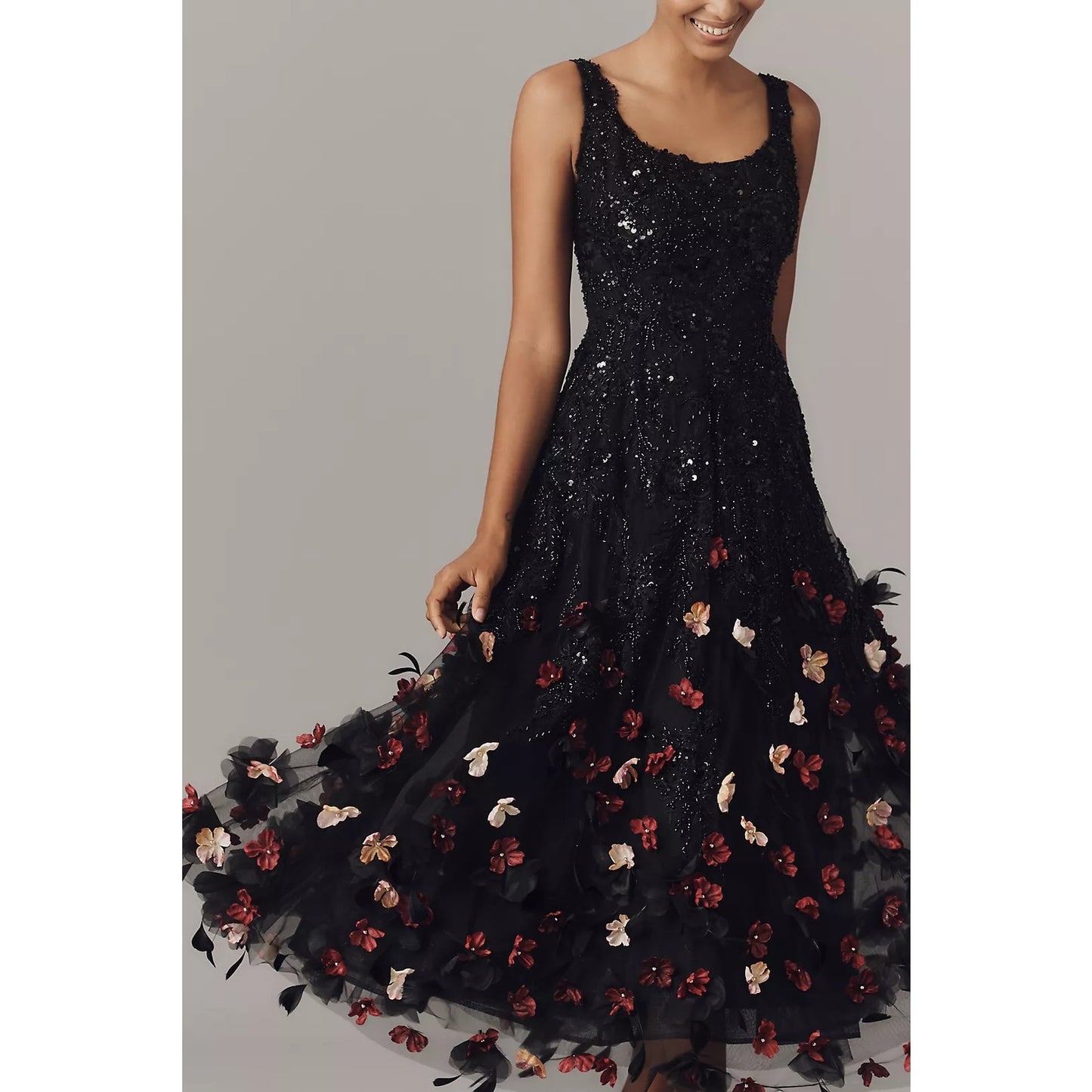 Mac Duggal Sleeveless Sequin Floral Appliqué Midi Dress Sz 10 NWT