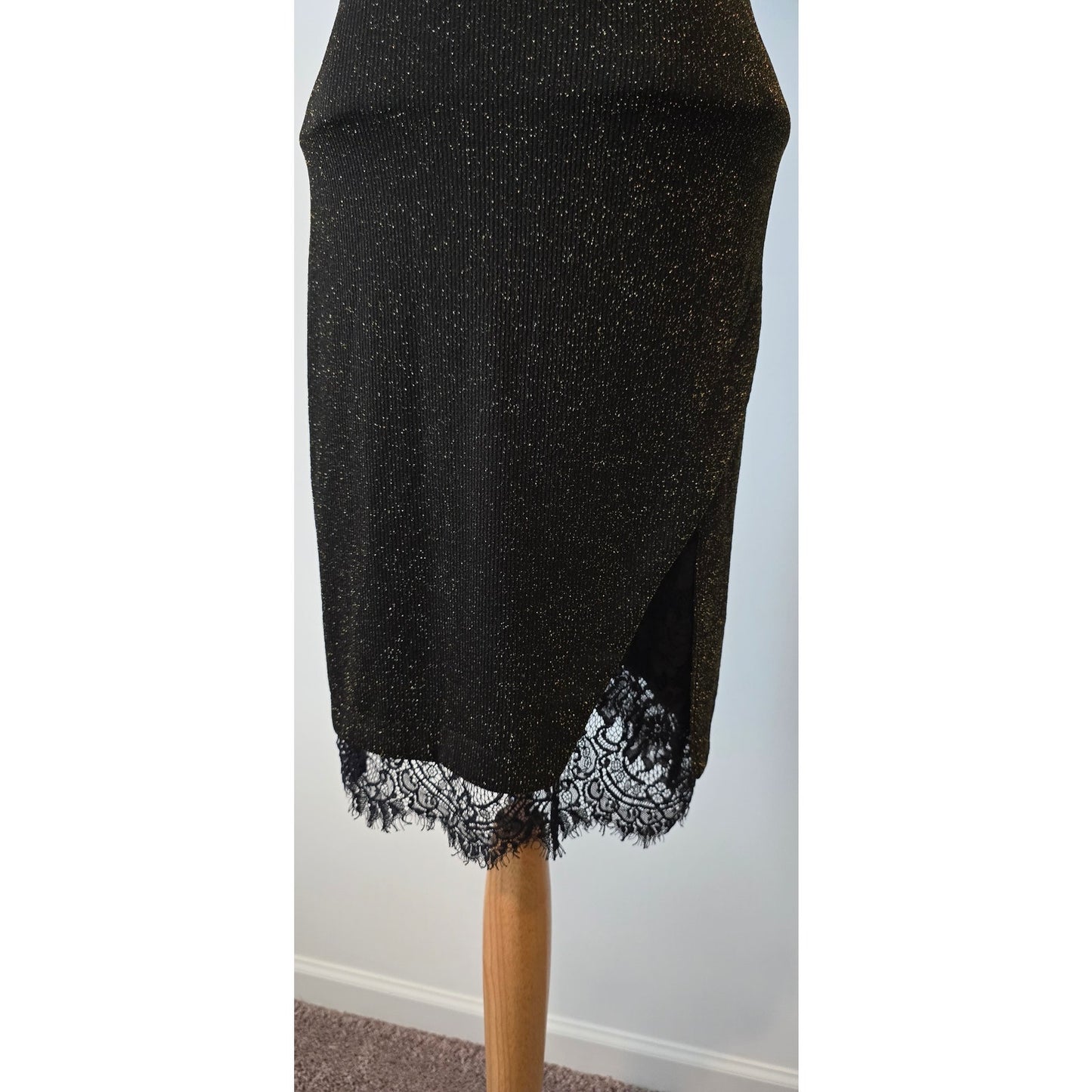 Revolve J.O.A Black Gold Metallic Lace Trim Midi Dress size Small