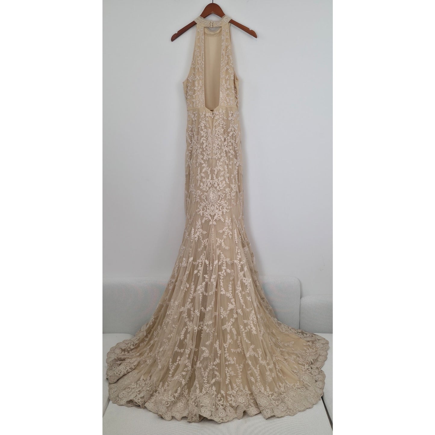 BHLDN Daisy Lace Halter Open Back Wedding Gown Champagne US 10 NWT