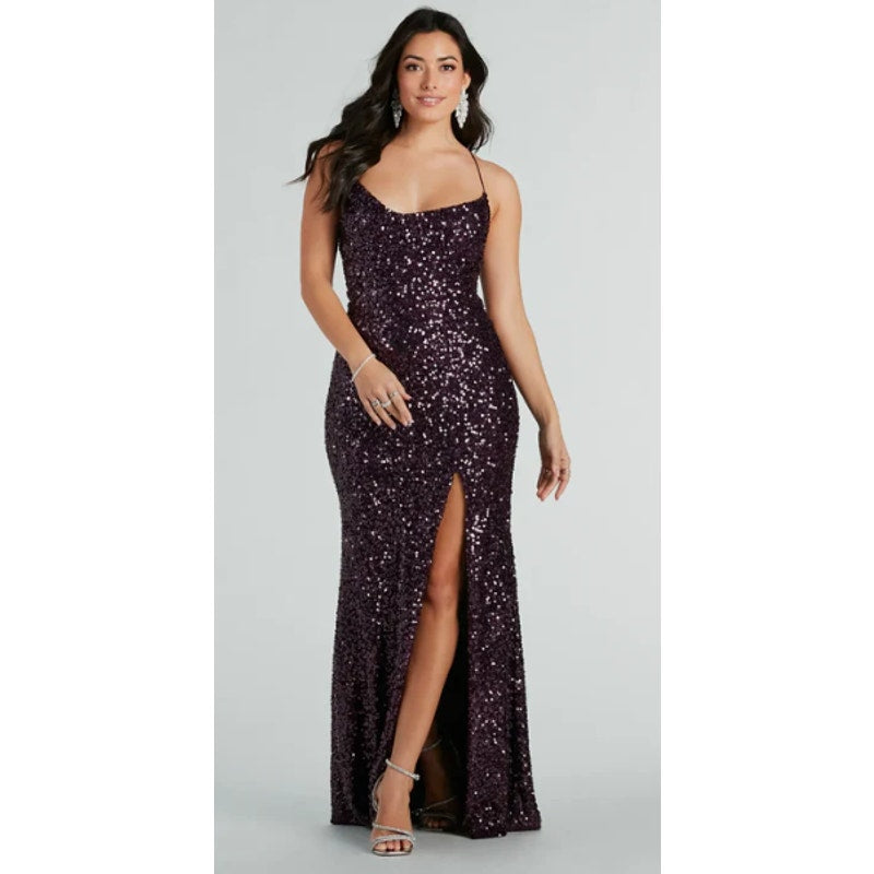 Plum Esperanza Formal Sleeveless A-line Front Slit Sequin Long Dress Sz S (758)