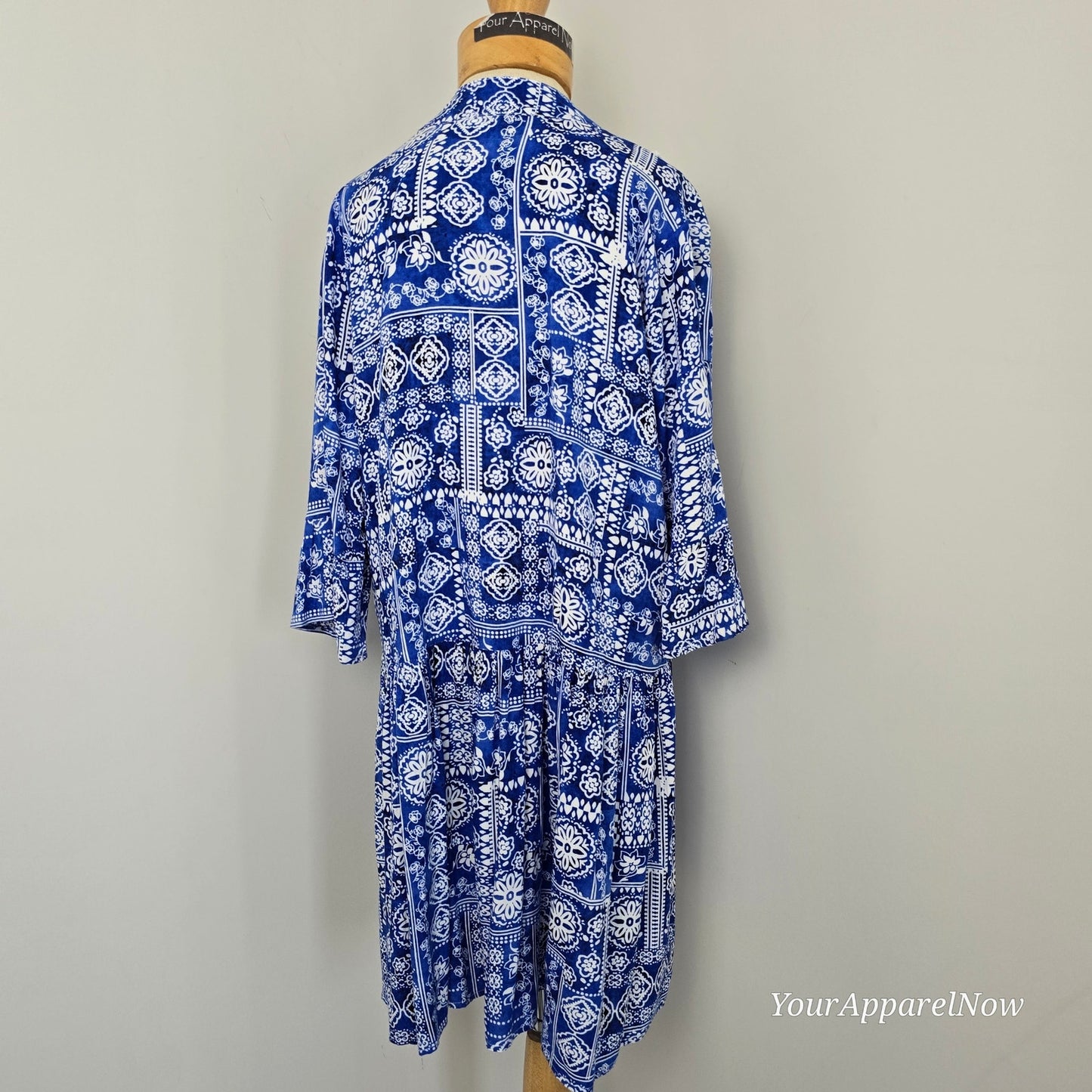 Syllagi Collection Blue & White Cotton Print Blouson Dress/Tunic Size Large