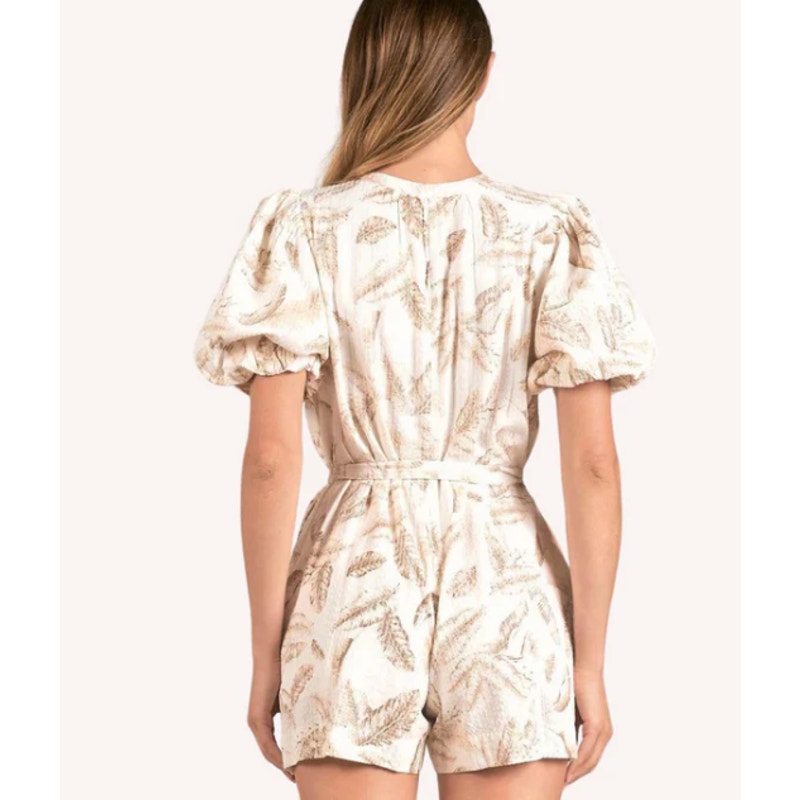 Elan Beige Feather Print Bubble Sleeve Romper Sz XS
