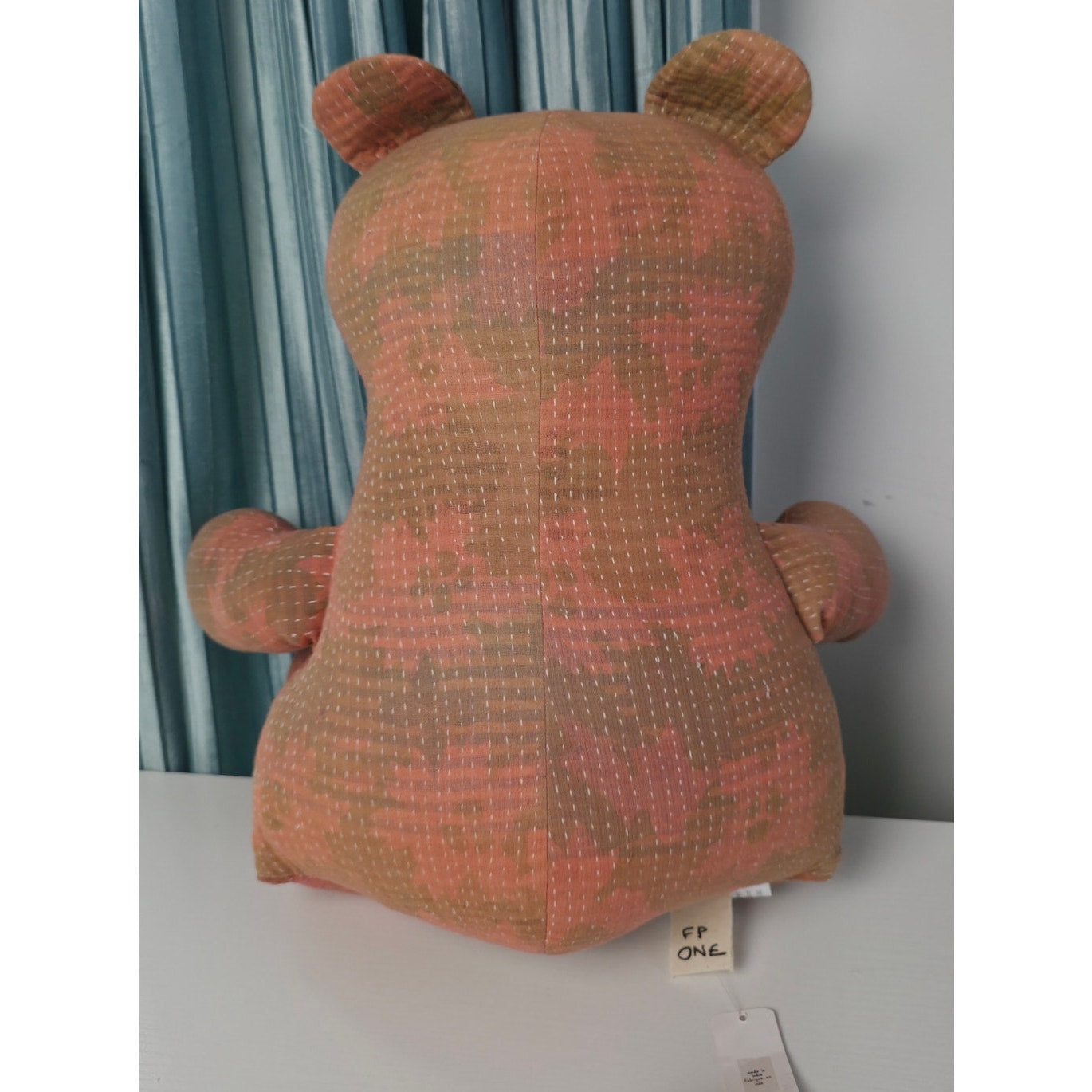Free People Peach Green Camo Pattern hues Vintage Kantha Quilt Bear