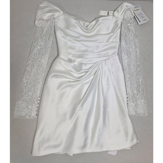 Watters Ivory Harlow Off-The-Shoulder Satin & Lace Mini Dress sz 0 NWT