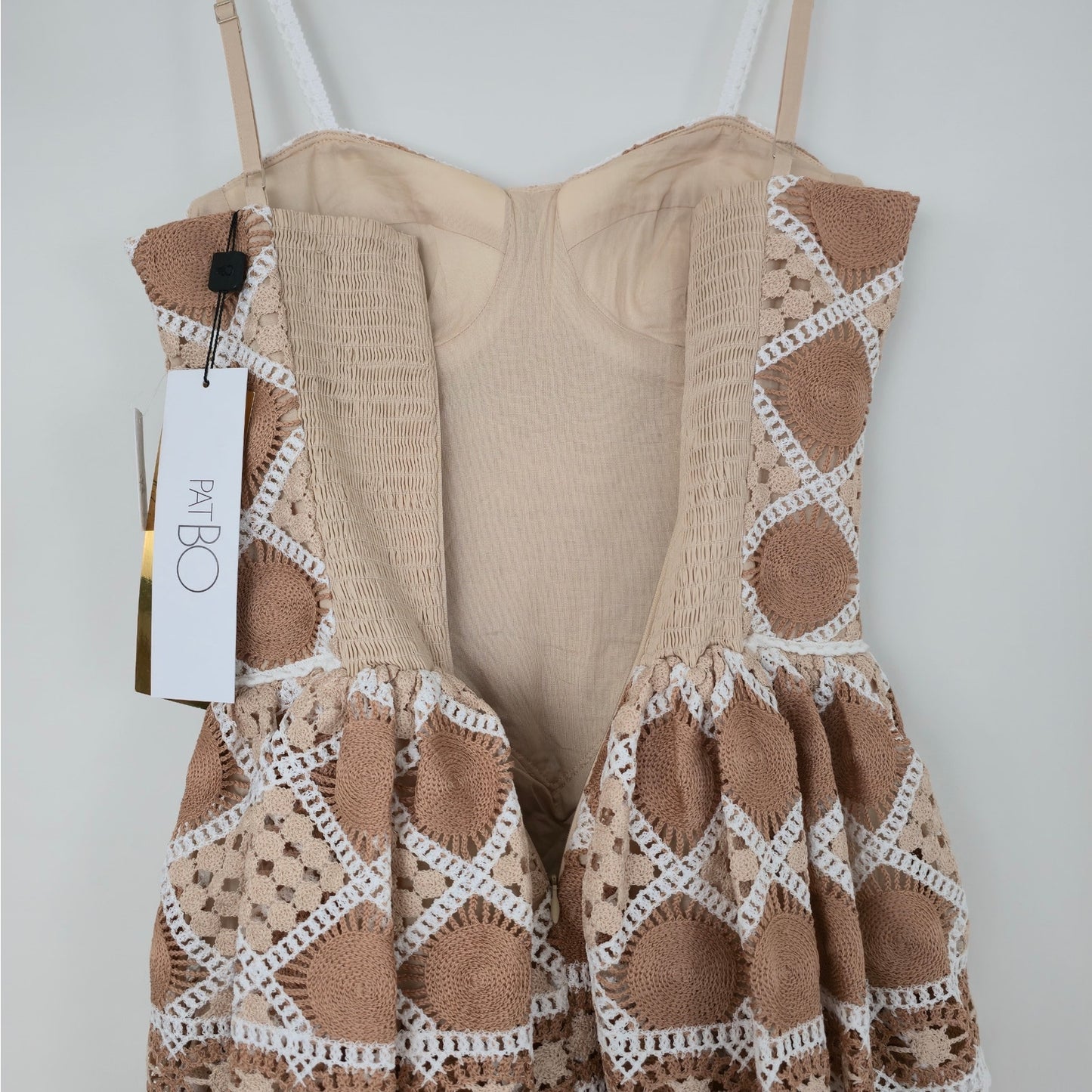 PATBO Beige Bossa Crochet Corset Style Sleeveless Mini Dress Sz 2 NWT