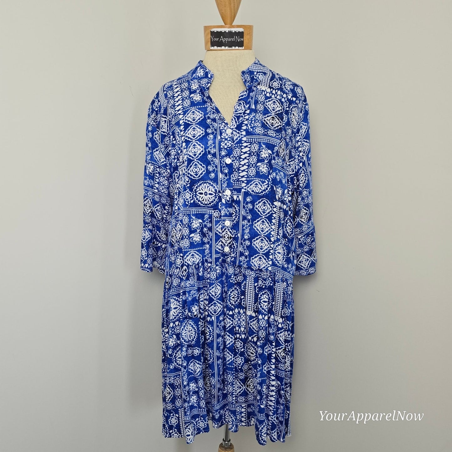 Syllagi Collection Blue & White Cotton Print Blouson Dress/Tunic Size Large