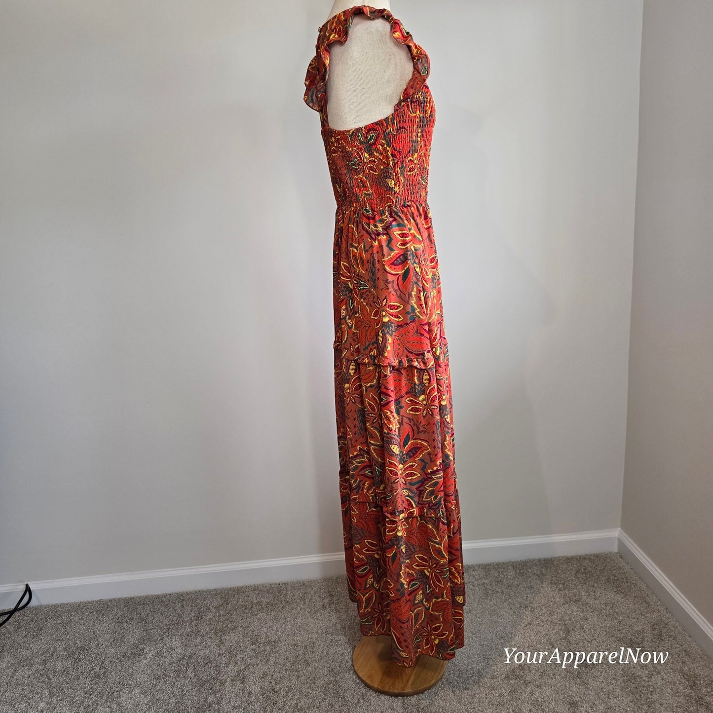 MELLODAY Orange Smocked Floral Tiered Sleeveless Maxi Dress Sz Small (726)