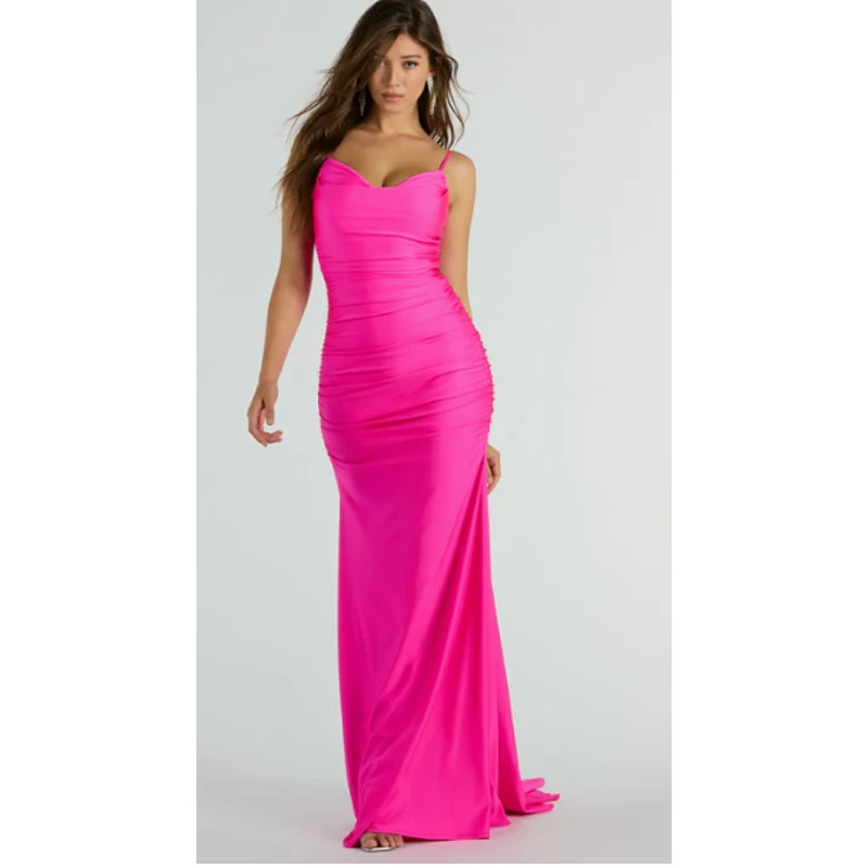 Jamie Formal Neon Pink Fitted Cowl Neck Mermaid Long Dress Sz XS (750)