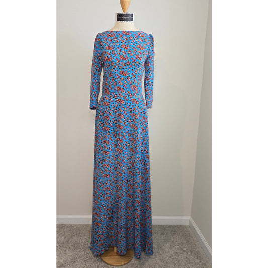 Arefeva Women's Blue Floral Print 3/4 Sleeves Modest Maxi Dress Sz Small (701)