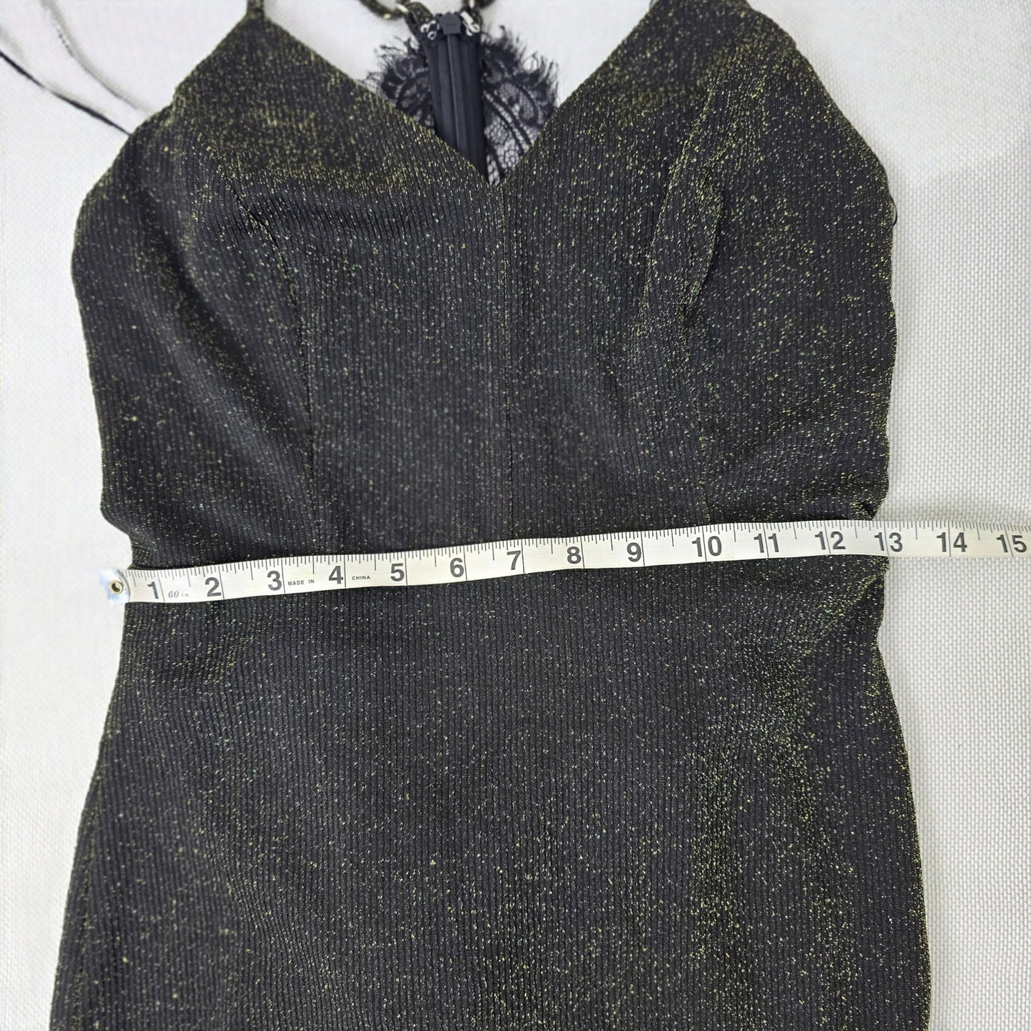 Revolve J.O.A Black Gold Metallic Lace Trim Midi Dress size Small