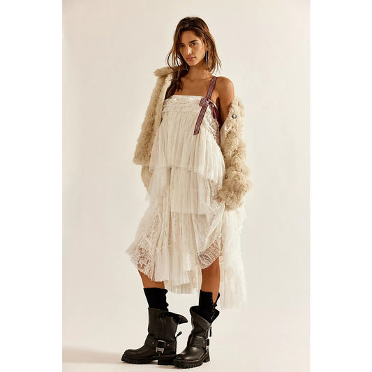 Free People Antique Ivory Isabel Lace/Chiffon Tier Midi Dress/ Skirt Sz XS NWT
