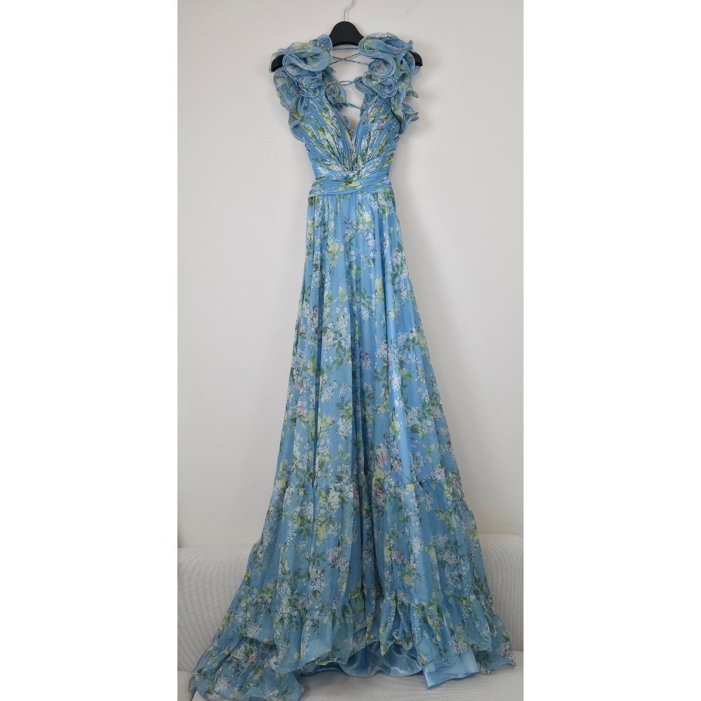 Mac Duggal Blue Ruffle Tiered Floral Cut-Out Chiffon Gown Sz 2 NWT