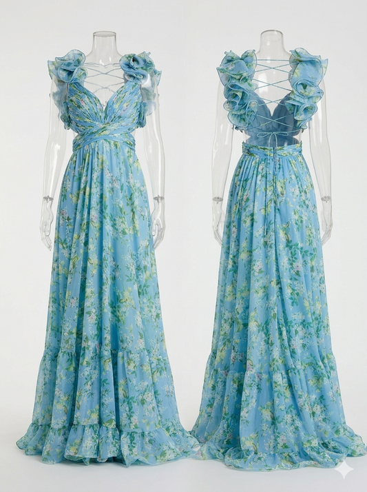 Mac Duggal Blue Ruffle Tiered Floral Cut-Out Chiffon Gown Sz 0 NWT