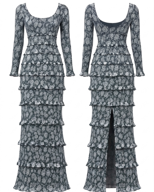 V. Chapman Lanie Emerald Peony Print Fitted Ruched Ruffled Maxi Dress Sz 8 NWT
