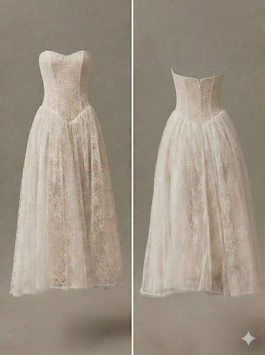 Watters Serge Strapless Basque-Waist Lace Midi Wedding Gown Dress Sz 0 NWT
