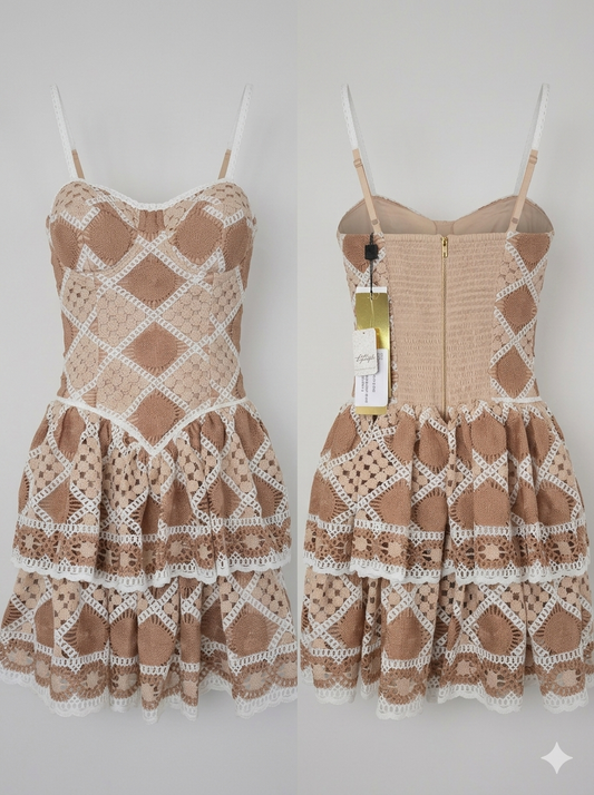 PATBO Beige Bossa Crochet Corset Style Sleeveless Mini Dress Sz 2 NWT