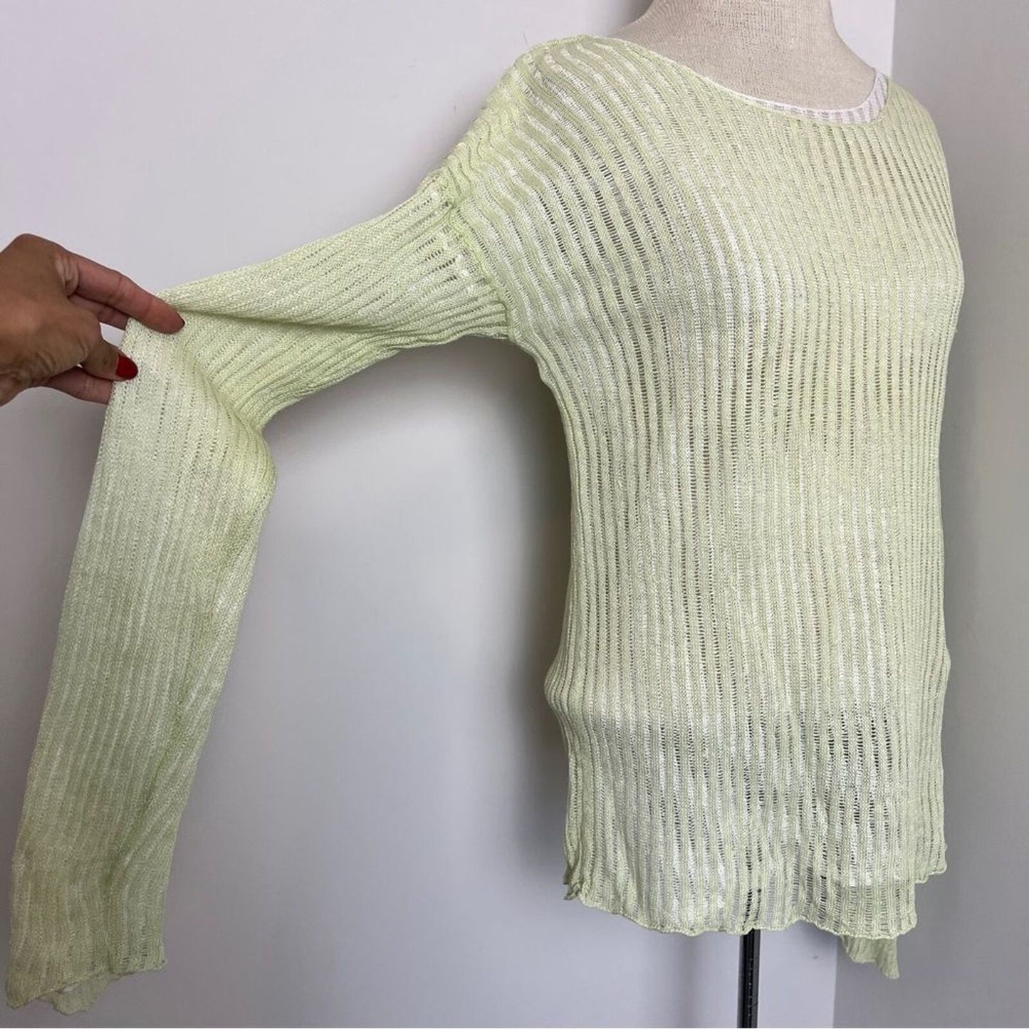 Eileen Fisher Green/White Double Layer Knit Linen Sweater Sz Small 528