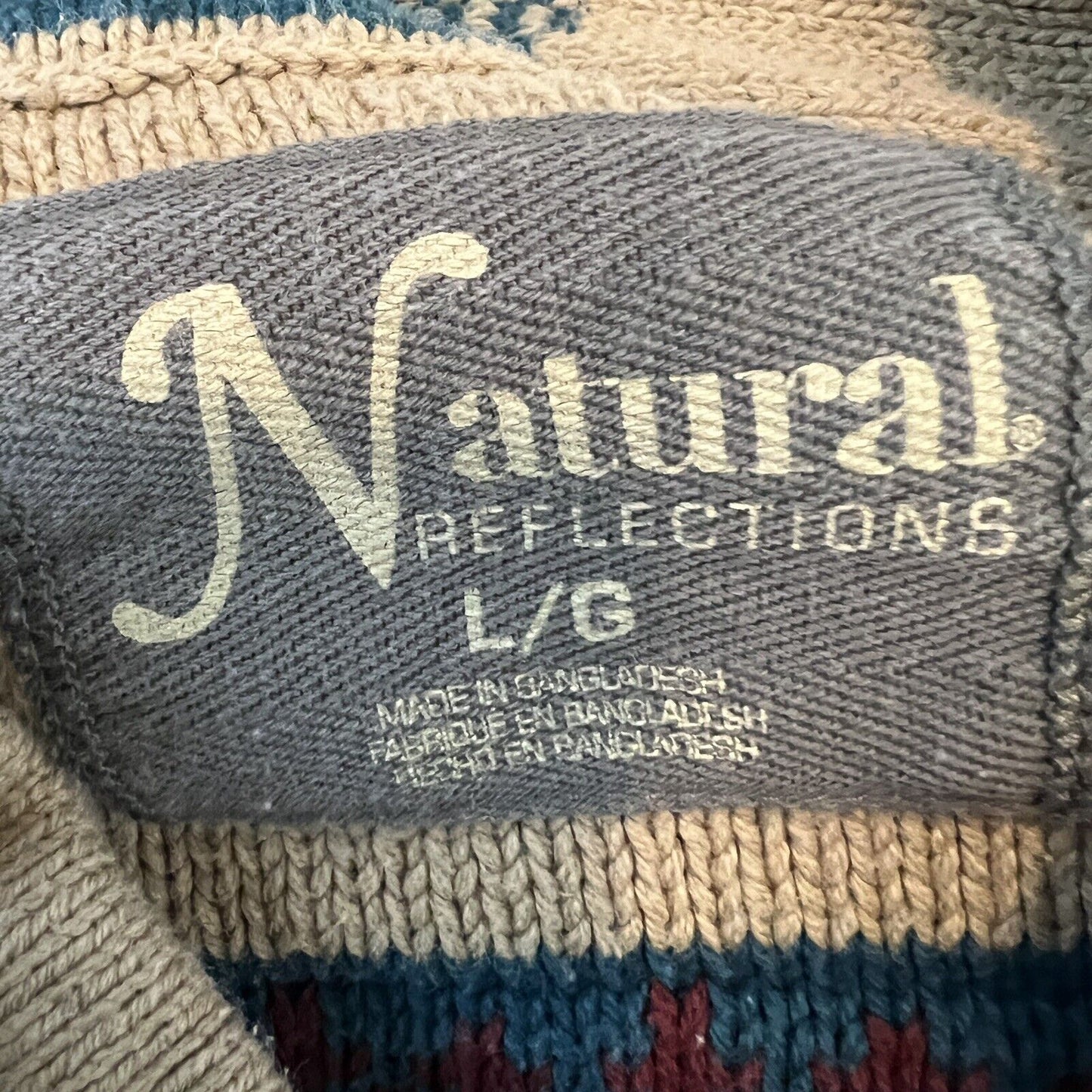 Natural Reflections Hoodie Sweater Tan, Blue/Wine Pull Over V-Neck Bass Sz Large