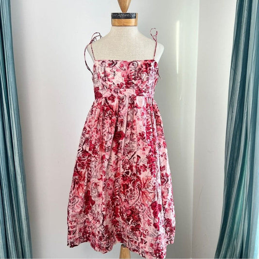 Gap Sz 8 Pink Red Waist-Defined Floral Cotton Smocked Midi Cami Dress (541)