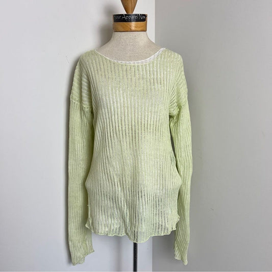 Eileen Fisher Green/White Double Layer Knit Linen Sweater Sz Small 528