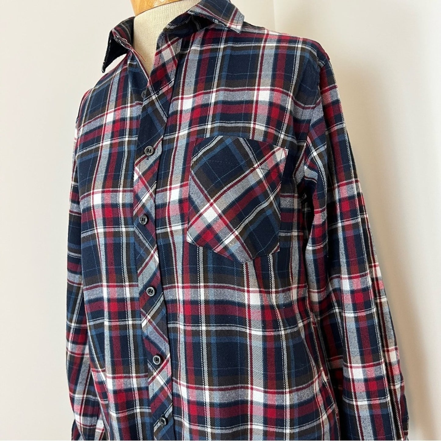 Women's Tartan Plaid Blue Red White Long Sleeves Collar Shirt size M (134)