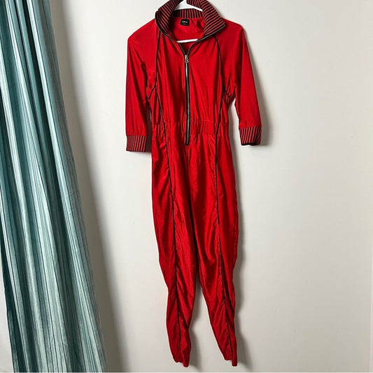 DesIgner ARIA Vintage Nylon Blend Jumpsuit Red w/Black Trim Lines Sz M (589)