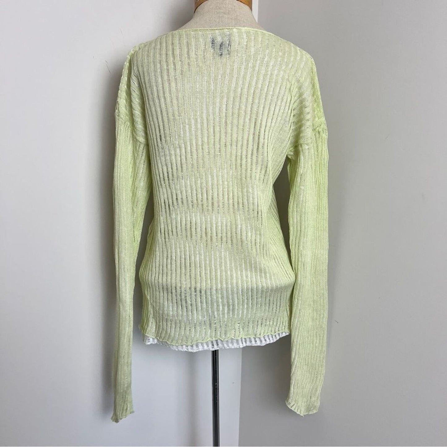 Eileen Fisher Green/White Double Layer Knit Linen Sweater Sz Small 528