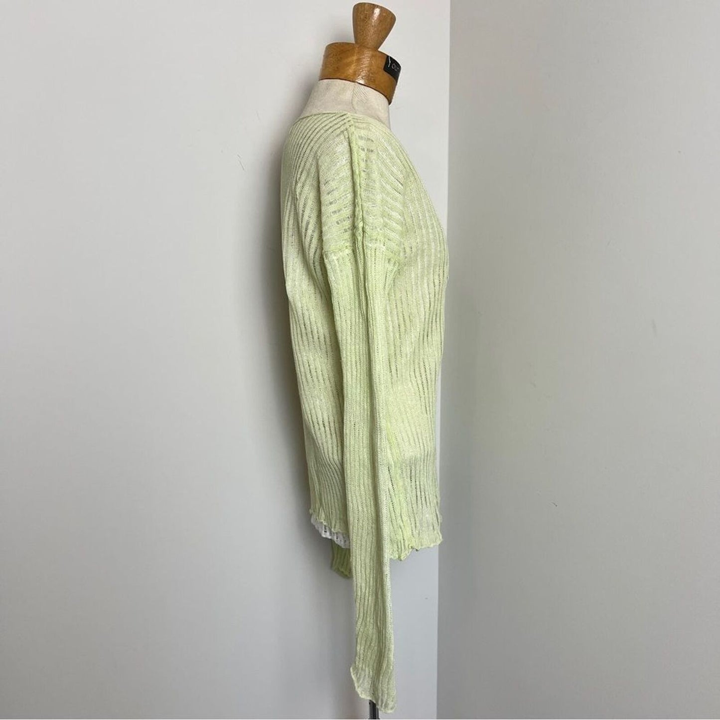 Eileen Fisher Green/White Double Layer Knit Linen Sweater Sz Small 528