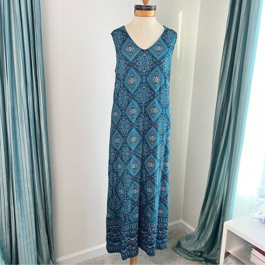 Joan Rivers Blue Sleeveless Alhambra Print V Neck Maxi Dress Sz SP (552)