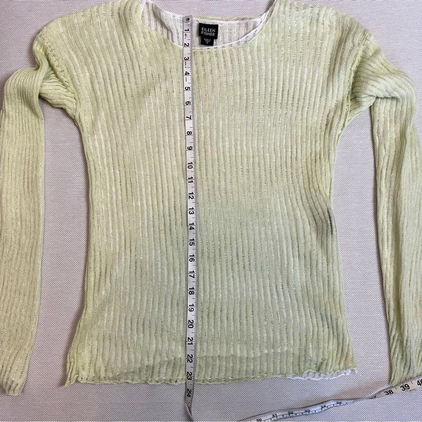 Eileen Fisher Green/White Double Layer Knit Linen Sweater Sz Small 528