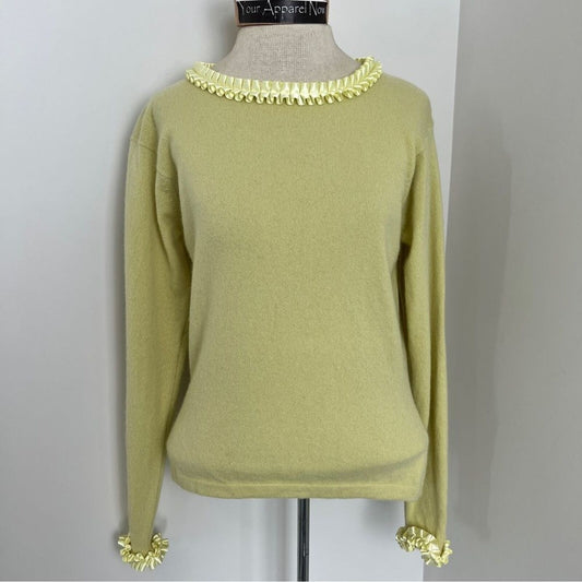 Valerie Louthan Lime Green Crew Ruffled Long Sleeve Cashmere Sweater (413)