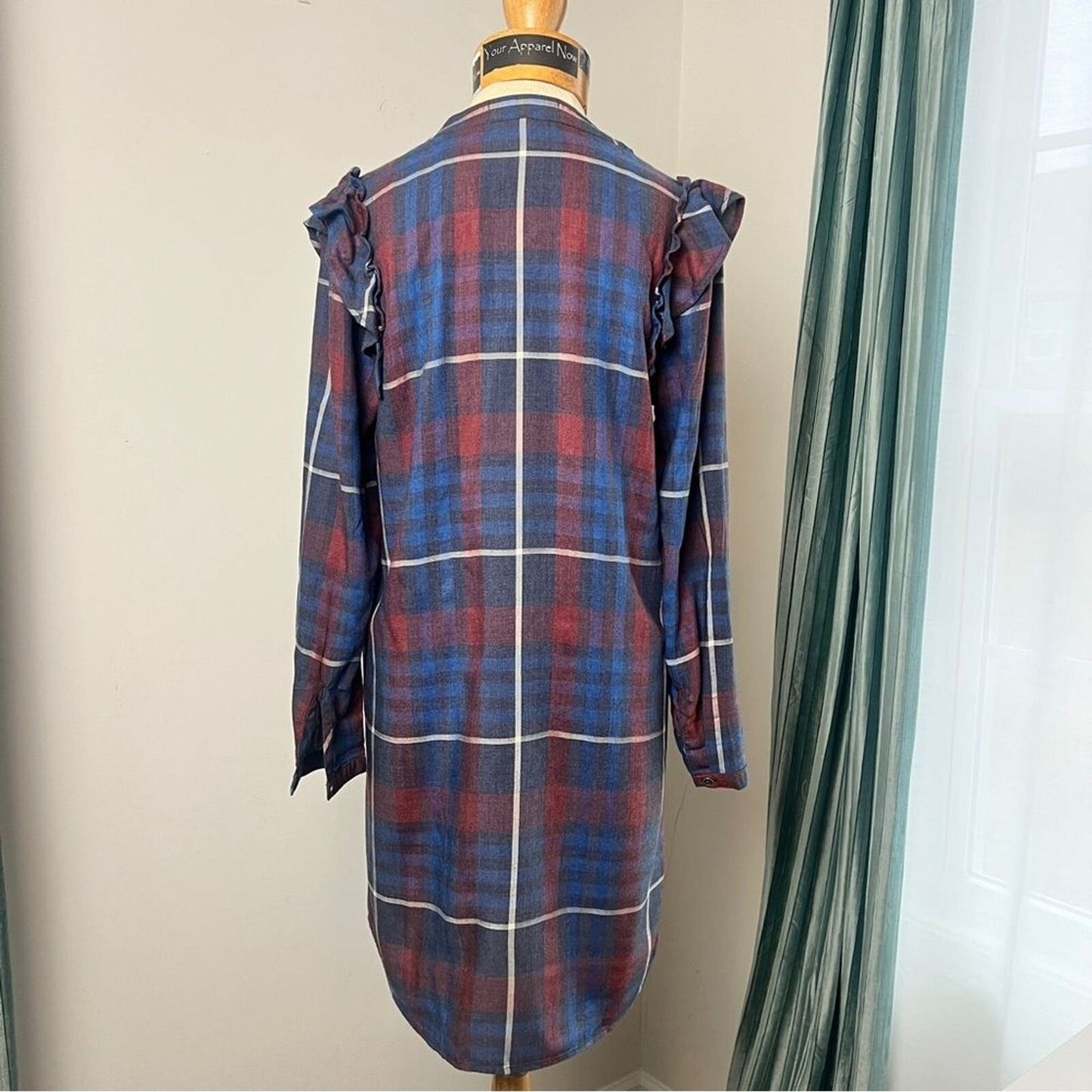 Anthropologie Cloth & Stone Long Sleeve Plaid Shirt Side Ruffle Dress Sz XS (554