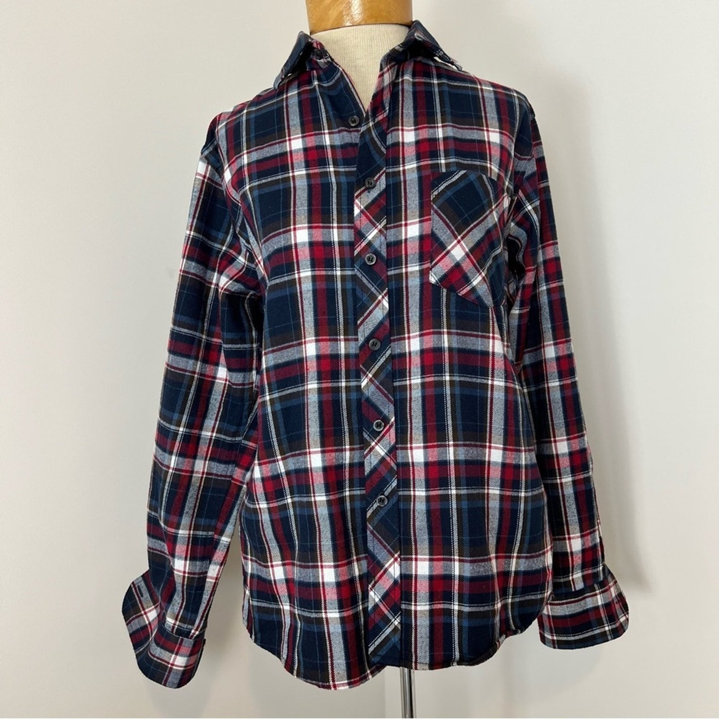 Women's Tartan Plaid Blue Red White Long Sleeves Collar Shirt size M (134)